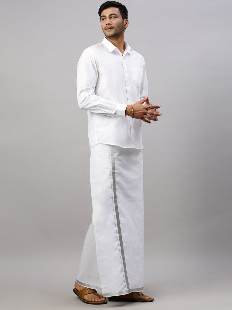 Men 100% Cotton Single Layer White Dhoti with 1" Silver Jari Border Shringar