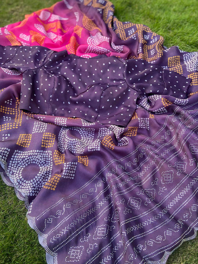 Magenta Georgette Silk Saree with Ombre Bandhej Print & Swaroski Stone Work