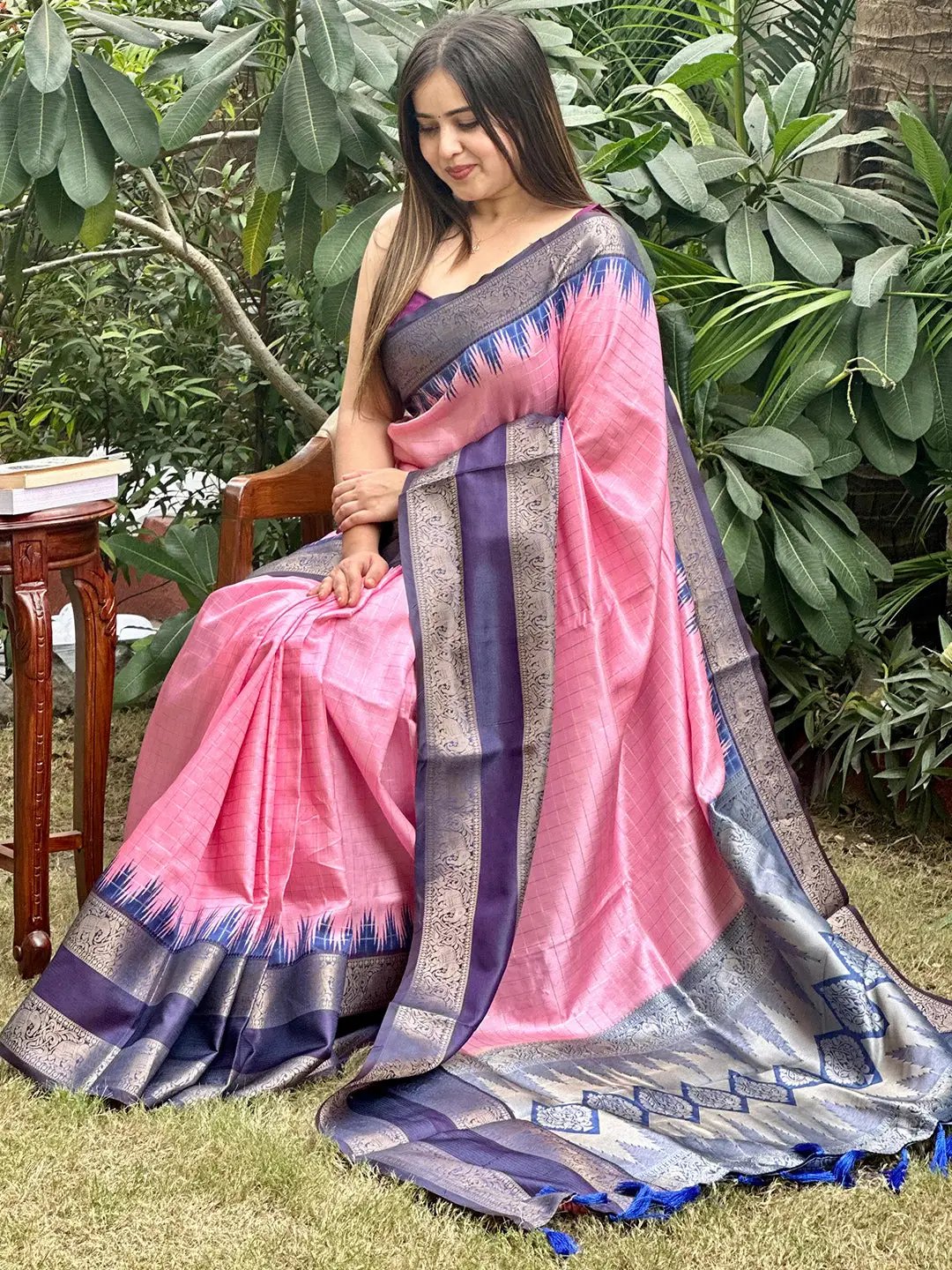 Soft Silk Saree With Gold Zari Chex Work