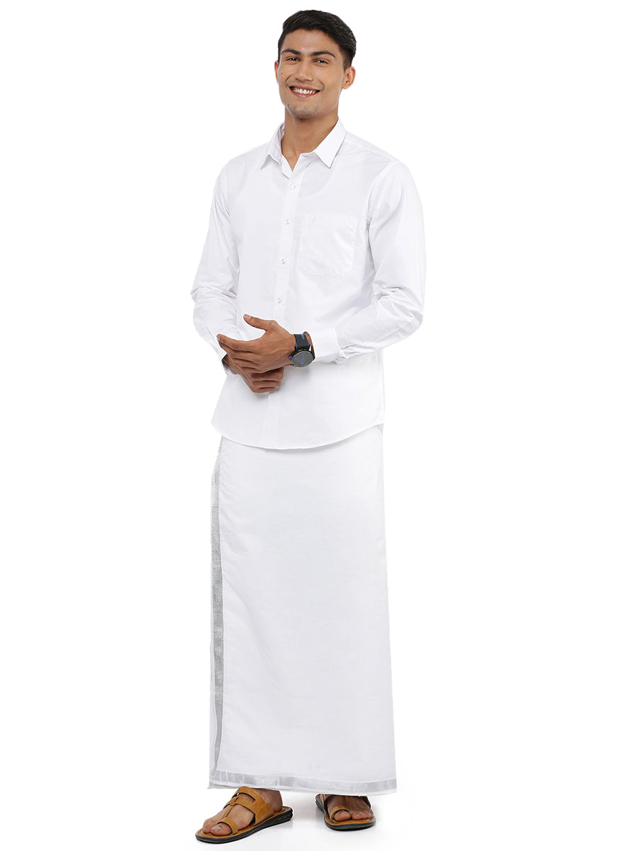 Men Cotton Blend Double Layer White Dhoti with 3/4" Jari Border Silver Heart