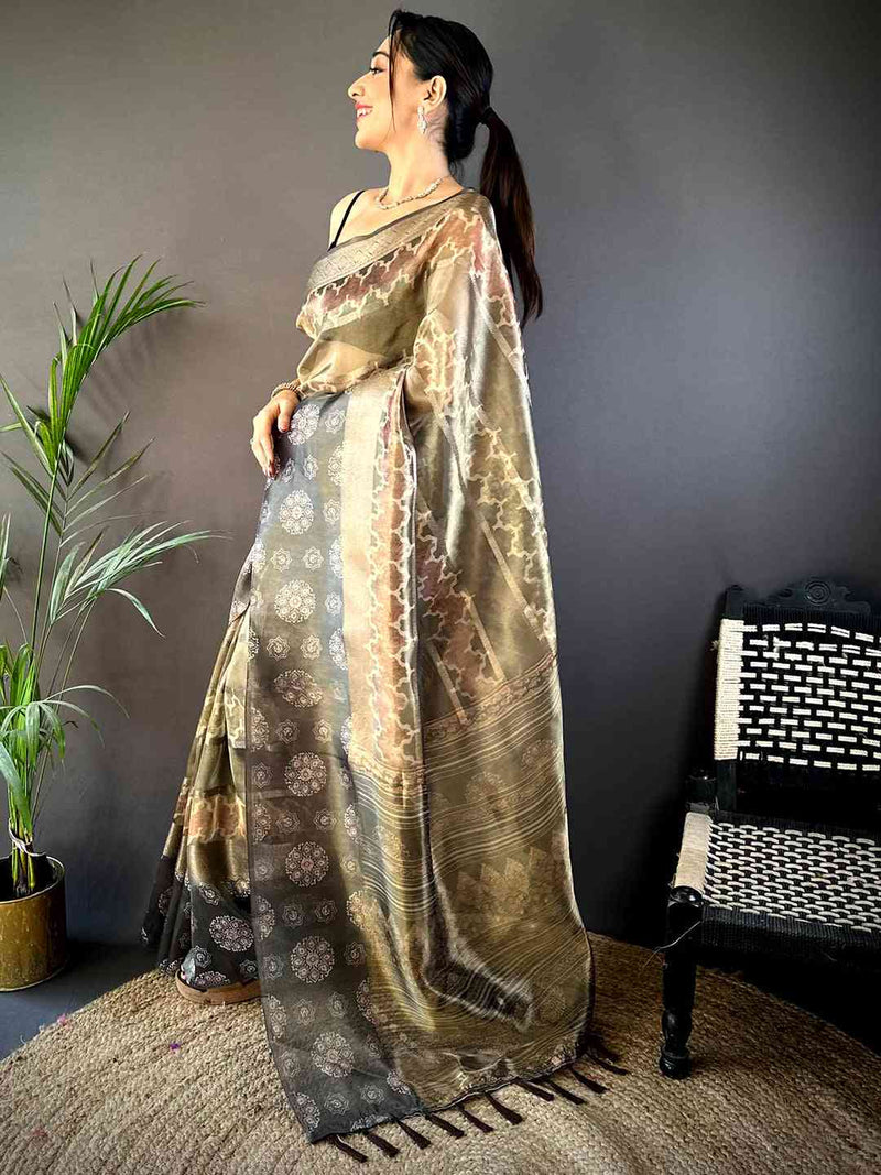 Light Brown Tissue Striped Digital Printed Saree