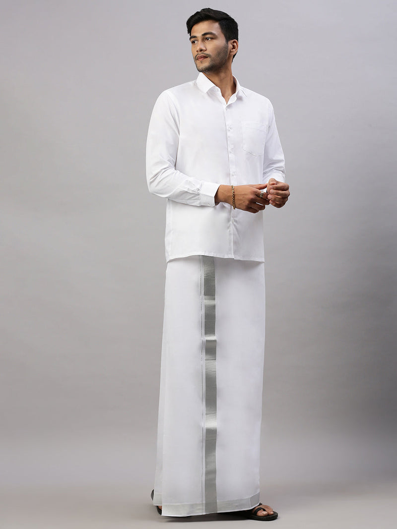 Men 100% Cotton Double Layer White Dhoti  with 1 1/2"Silver Jari Border Special Pet
