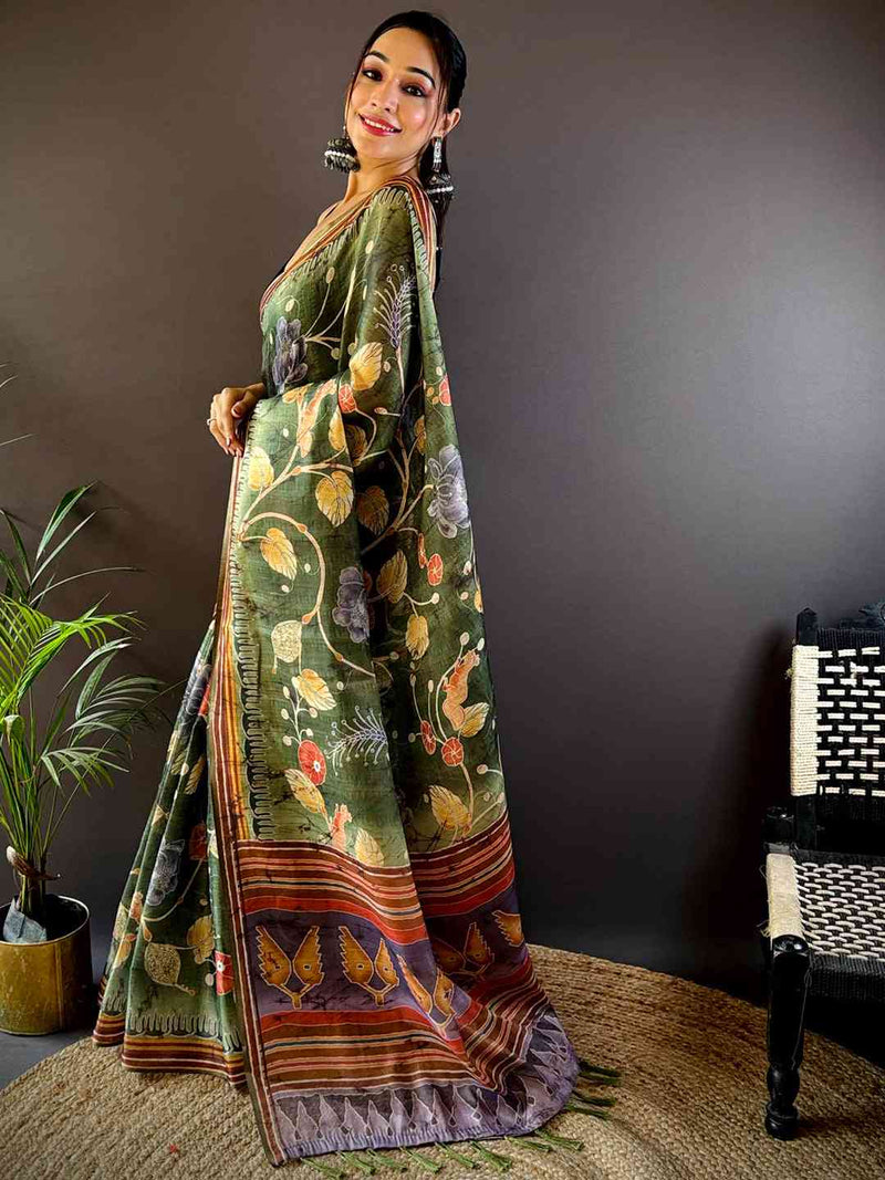 Dark Green Tissue Chanderi Kalamkari Saree