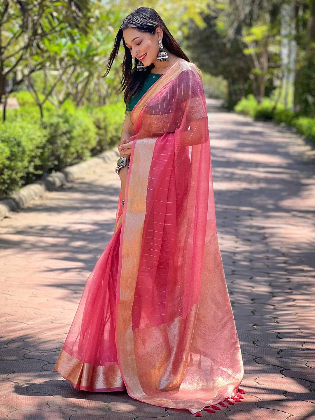 Dark Pink Pure Viscose Organza Saree With Fine Gold Zari Weaving Border