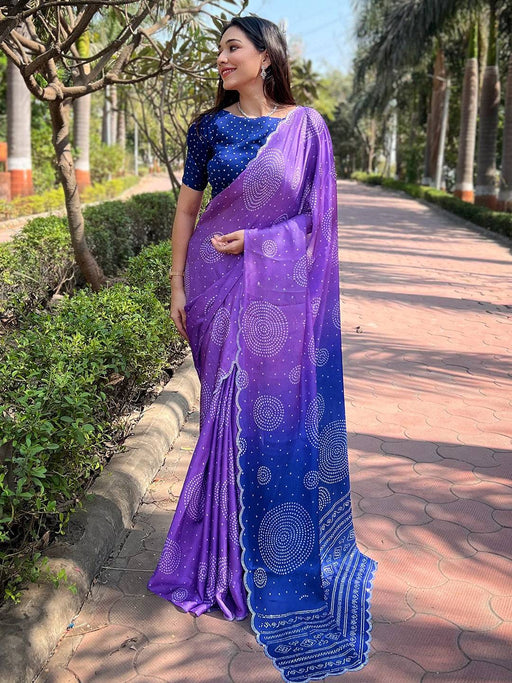 Lavender Georgette Silk Saree with Ombre Bandhej Print & Swaroski Stone Work