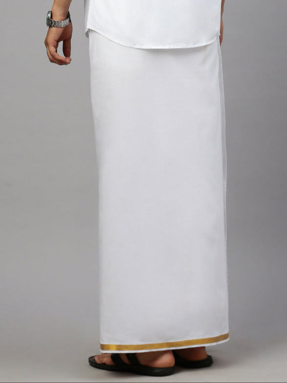 Men 100% Cotton Double Layer White Dhoti with 3/4" Gold Jari Border Good Will