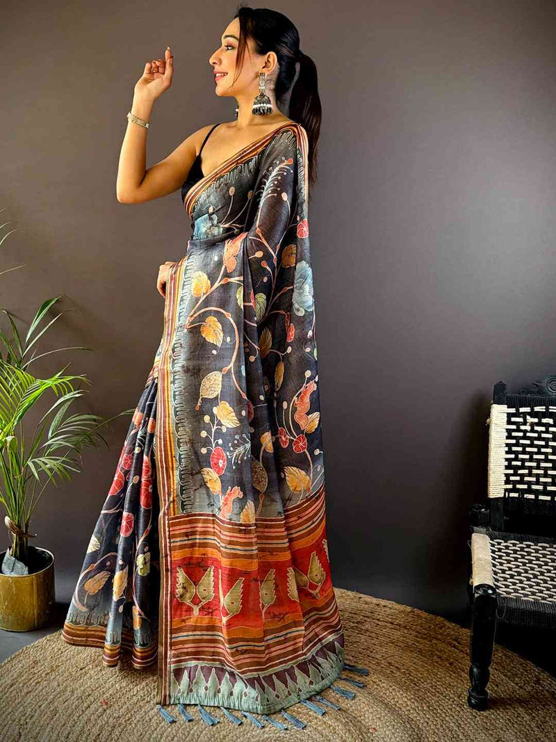 Black Tissue Chanderi Kalamkari Saree