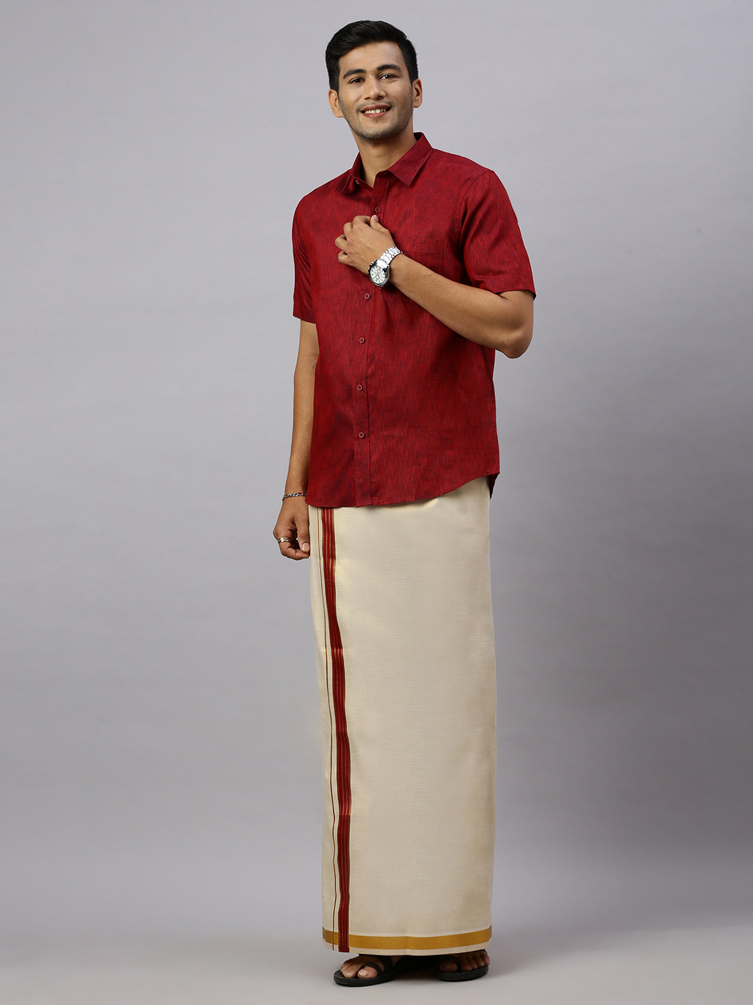 Men Cotton Rich Maroon Shirt and Tissue Dhoti Set C81