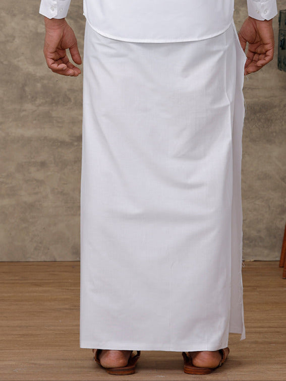 Men Cotton Blend Single Layer White Dhoti with Small Border Breeze Paramas V2