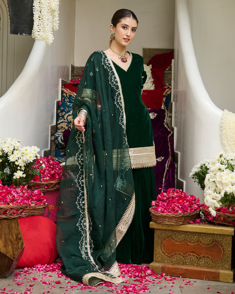 Nila Green Embroidered Velvet Sharara Set