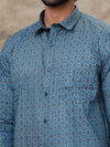 Men Dark Blue With Grey Matching Border Dhoti with Printed Shirt Set Fusion PS4
