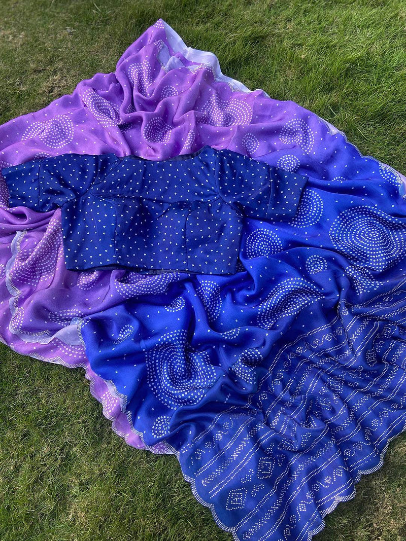 Lavender Georgette Silk Saree with Ombre Bandhej Print & Swaroski Stone Work