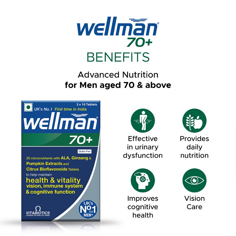 Wellman 70+ UK's No.1 Multivitamin Tablets) For Men Above 70 (Pumpkin Seed Bioflavonoids, Ginseng & More