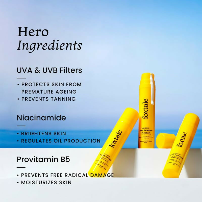 Foxtale Dewy Sunscreen SPF 70 PA++++ With Niacinamide + Provitamin B5 + Vitamin E - Anti-Tan Formula & Spot Depigmentation