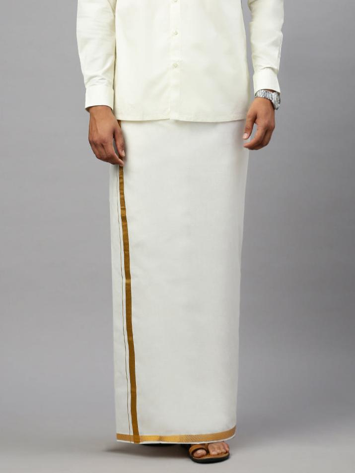 Men 100% Cotton Double Layer Cream Dhoti with  1/2"Gold Jari Border Amirta
