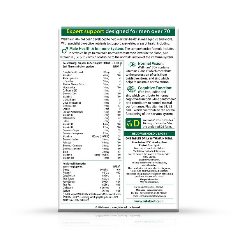 Wellman 70+ UK's No.1 Multivitamin Tablets) For Men Above 70 (Pumpkin Seed Bioflavonoids, Ginseng & More
