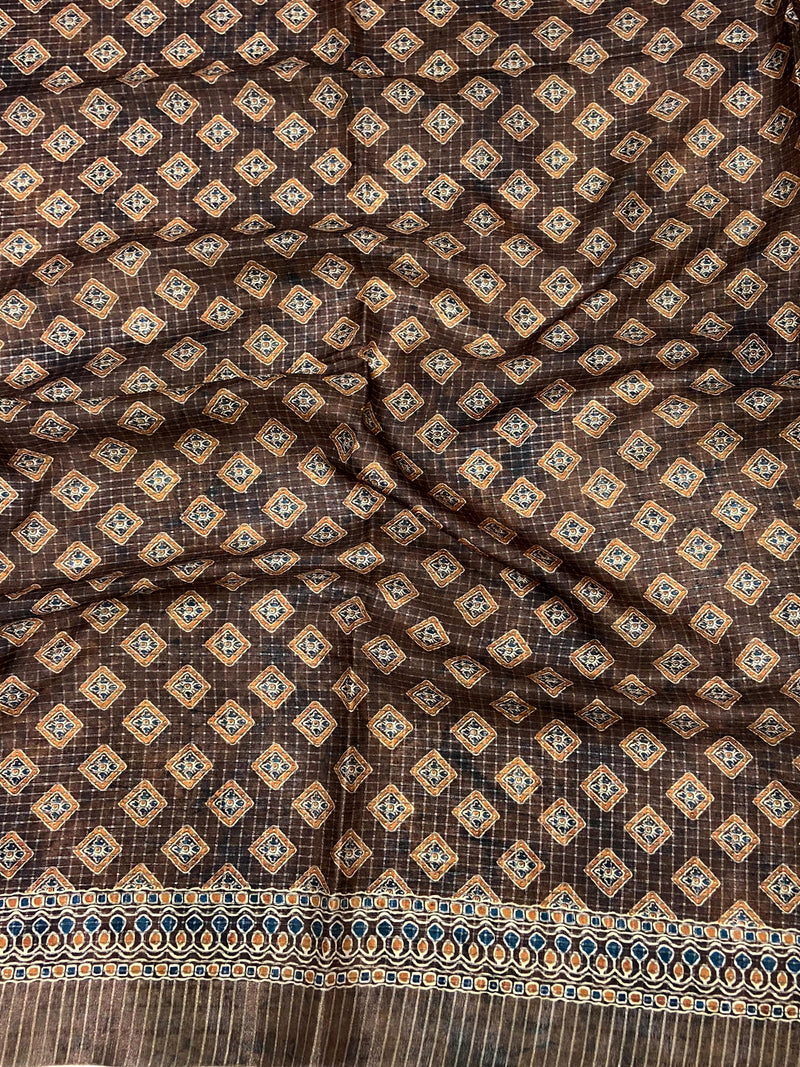 Brown Soft Silk Floral Digital Saree