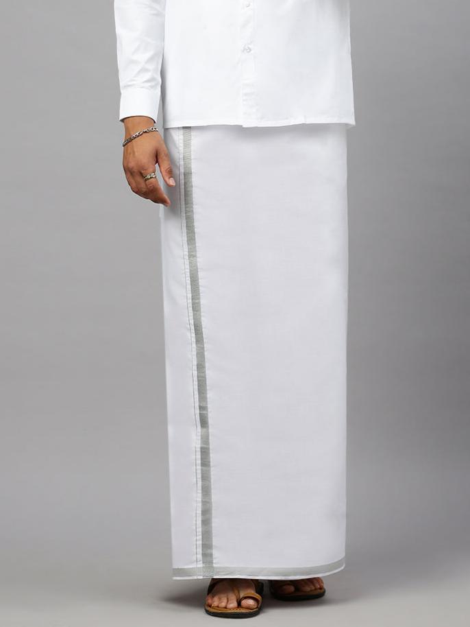 Men Cotton Blend Double Layer White Dhoti with 3/4"Silver Jari Border Ivory