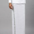 Men Cotton Blend Double Layer White Dhoti with 3/4"Silver Jari Border Ivory