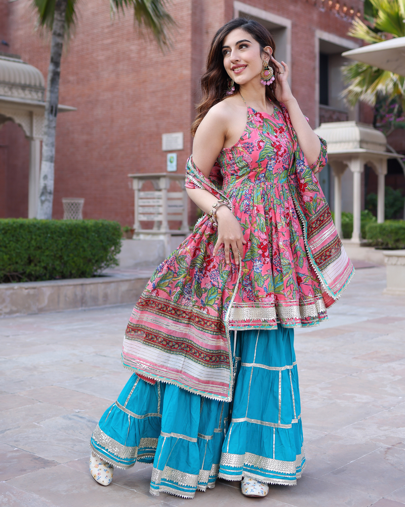 Pink Dolphin Handblock Sharara Set