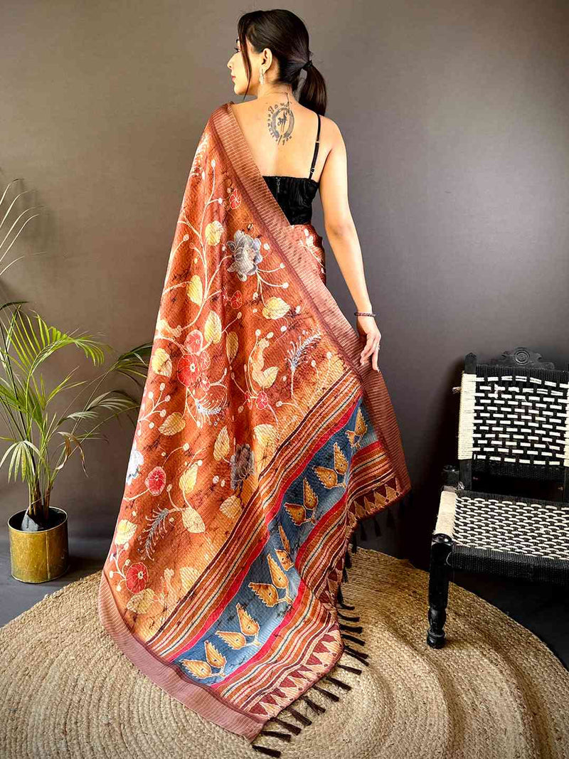 Brown Chex Kalamkari Floral Print Saree