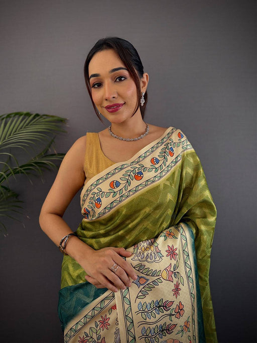 Olive Madhubani Print Soft Silk Saree
