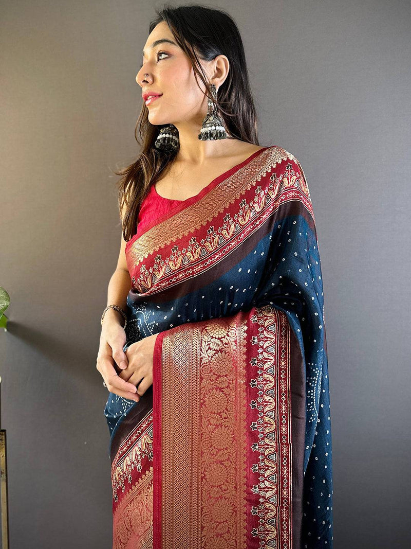 Blue Graceful Bandhej Silk Saree