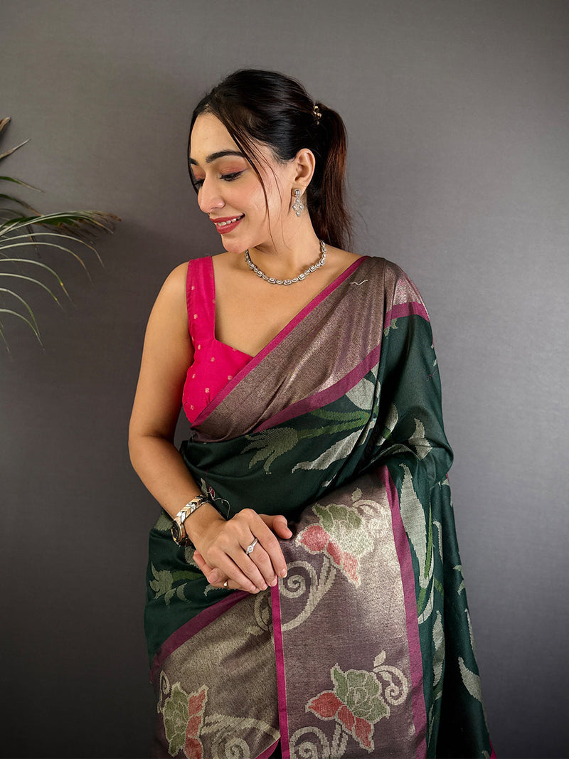 Green Soft Chanderi Pochampally Ikkat Saree