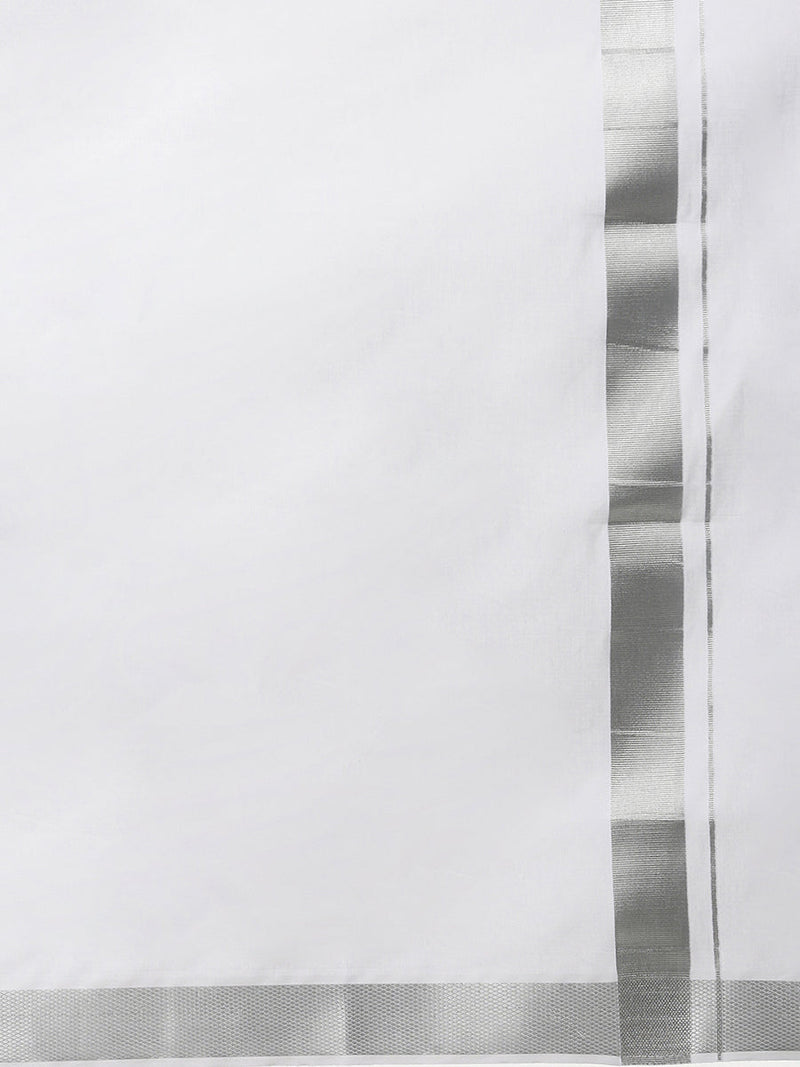 Men Cotton Blend Double Layer White Dhoti with 1 1/2" Jari Border Silver Bright