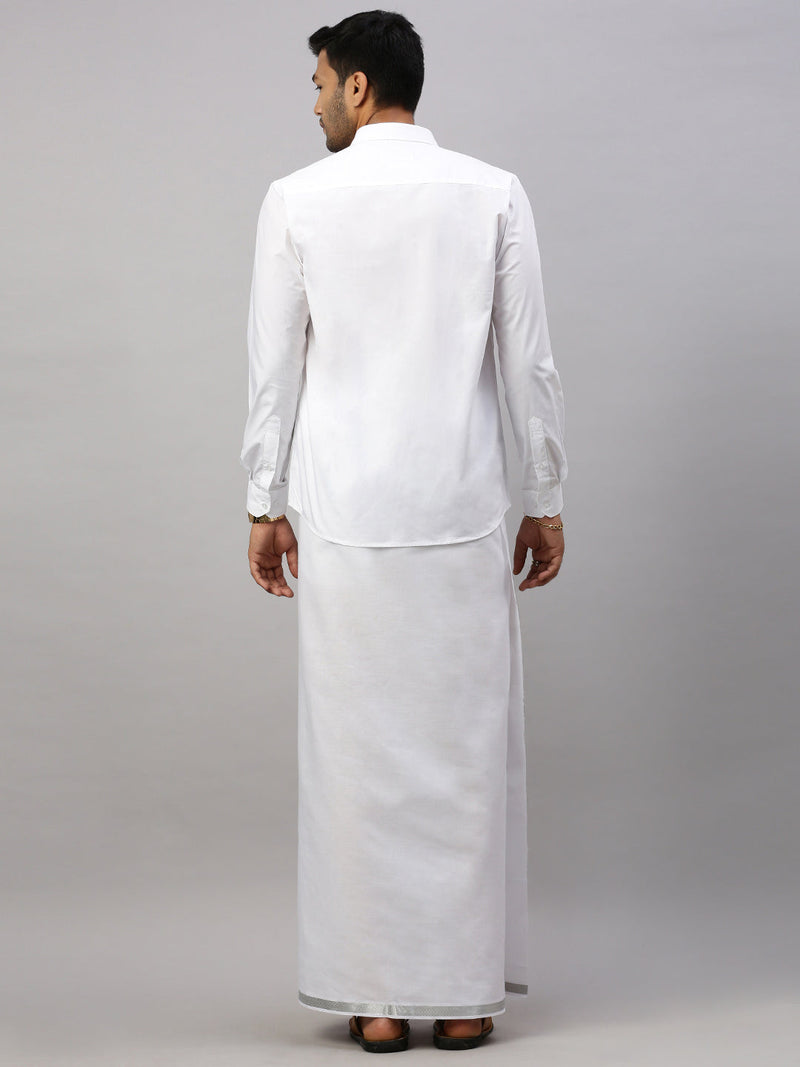 Men 100% Cotton Single Layer White Dhoti with 1" Silver Jari Border Shringar