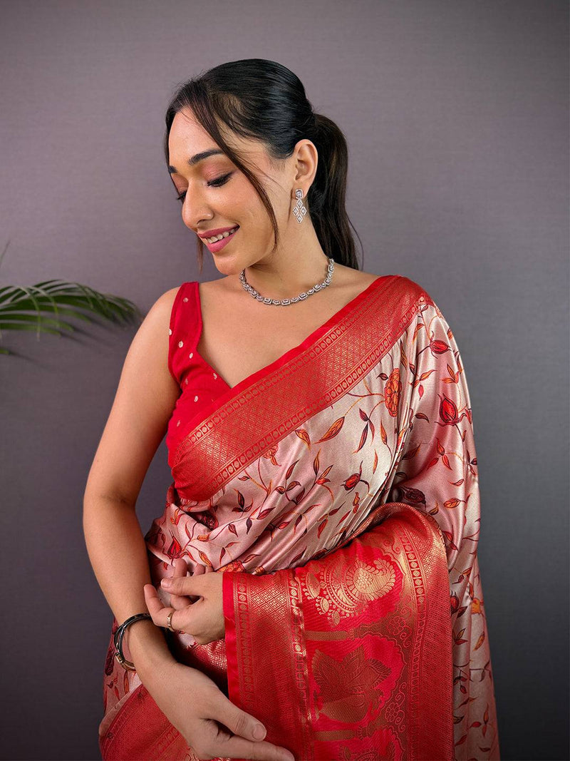 Elegant Soft Cherry Satin Kalamkari Print Saree