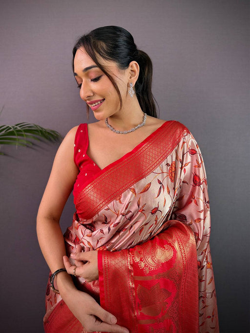 Elegant Soft Cherry Satin Kalamkari Print Saree