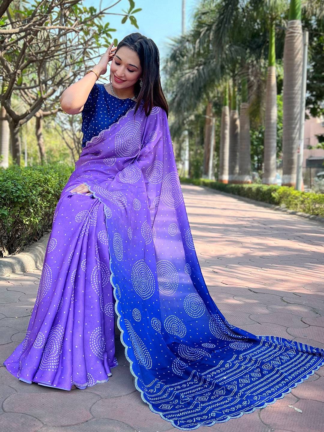 Lavender Georgette Silk Saree with Ombre Bandhej Print & Swaroski Stone Work