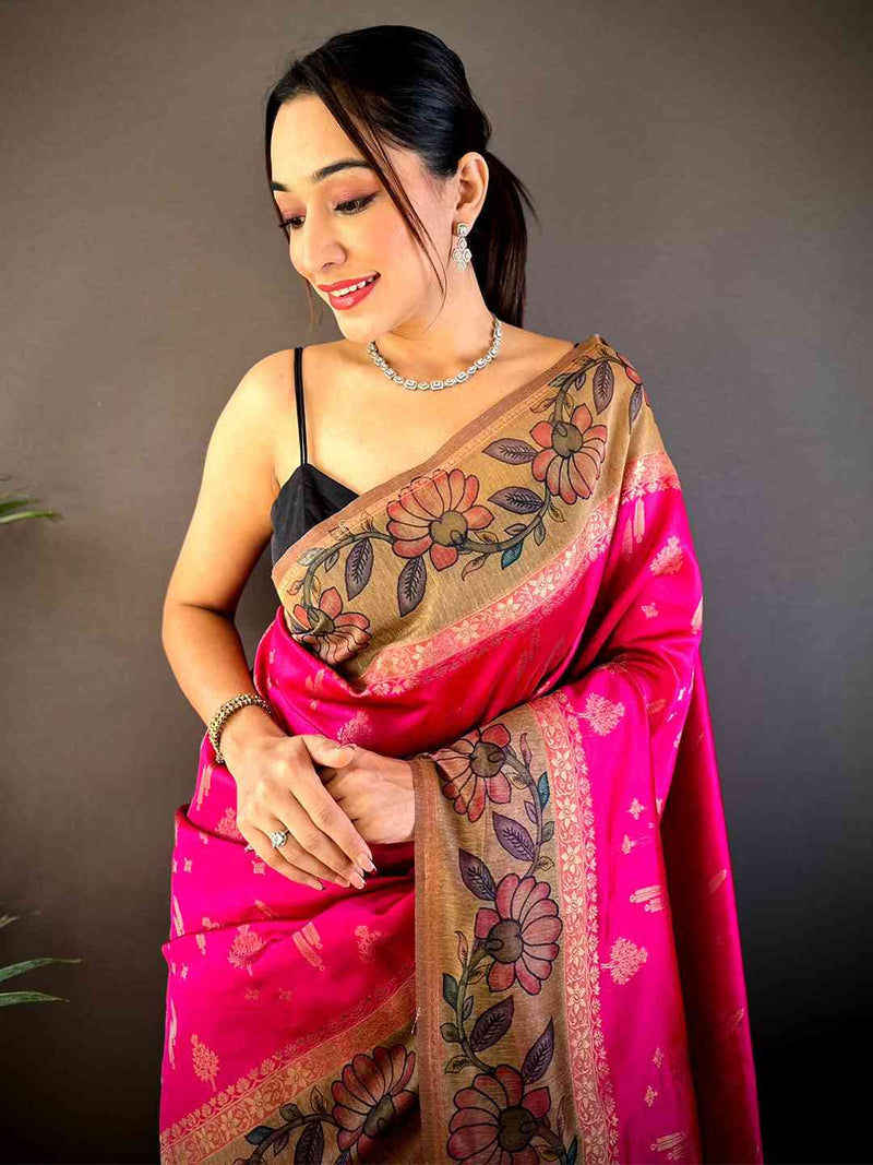 Pink Soft Silk Kalamkari Printed Pallu Saree