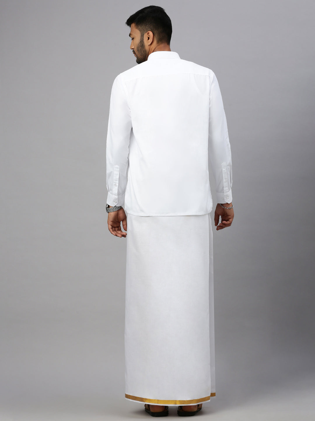 Men 100% Cotton Single Layer White Dhoti with 3/4" Gold Jari Border Aruthra