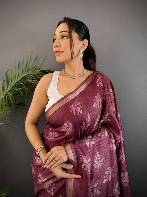 Dark Mauve Leaf Print Ghicha Handloom Saree