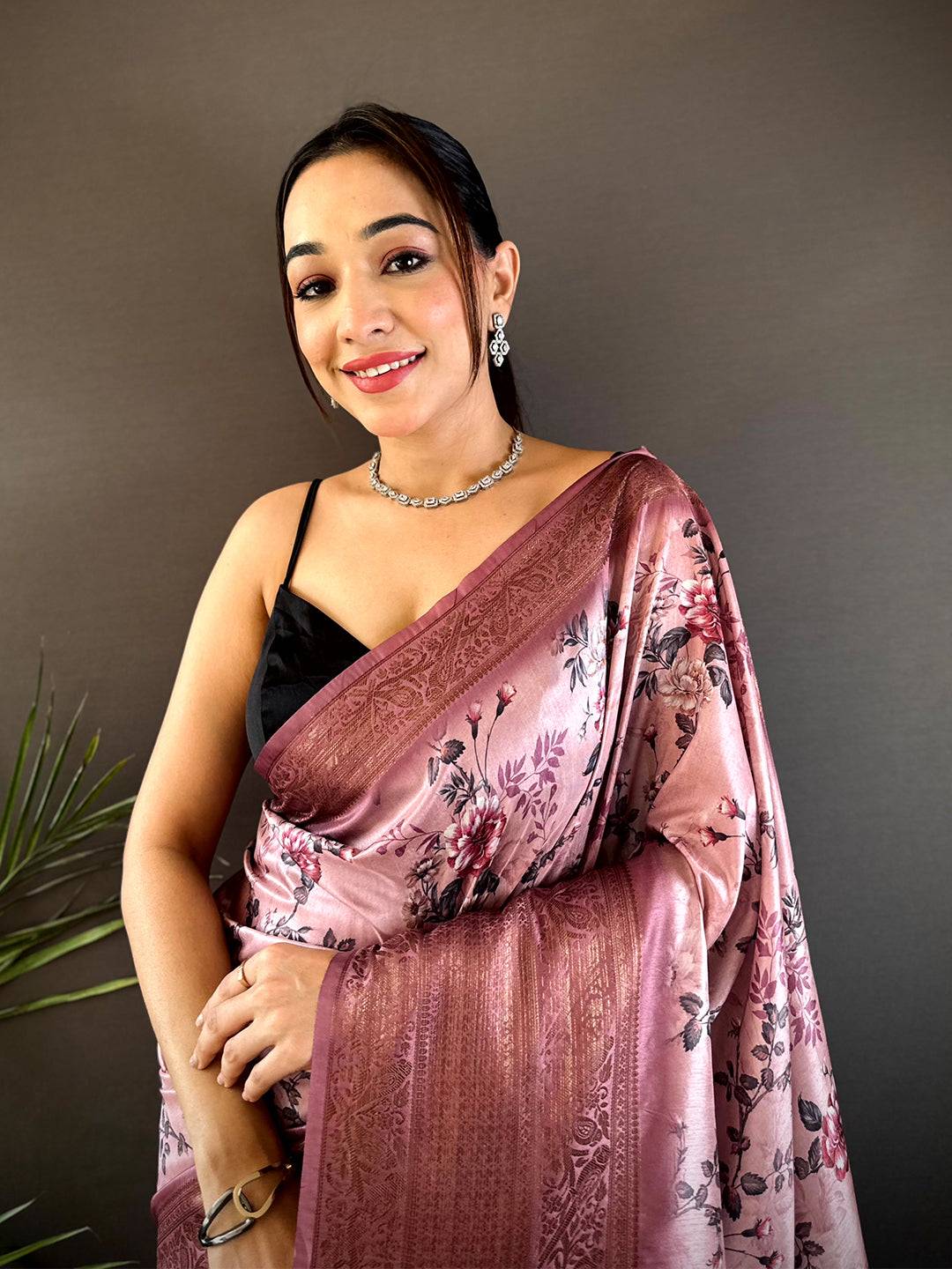 Graceful Black Aura Silk Floral Print Saree