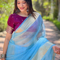 Blue Pure Viscose Organza Saree With Fine Gold Zari Weaving Border