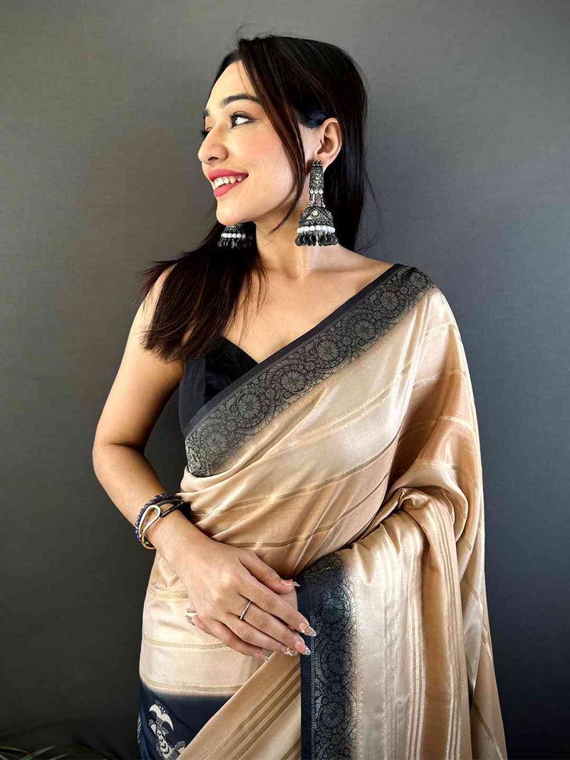 Beige Crepe Silk Floral Saree