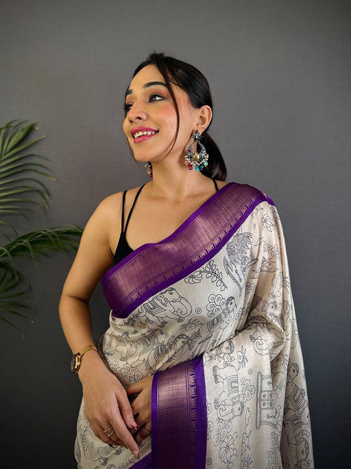 Purple Dola Silk Pen Kalamkari Print Saree