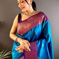 Blue Peacock Feather Paithani Soft Silk Saree