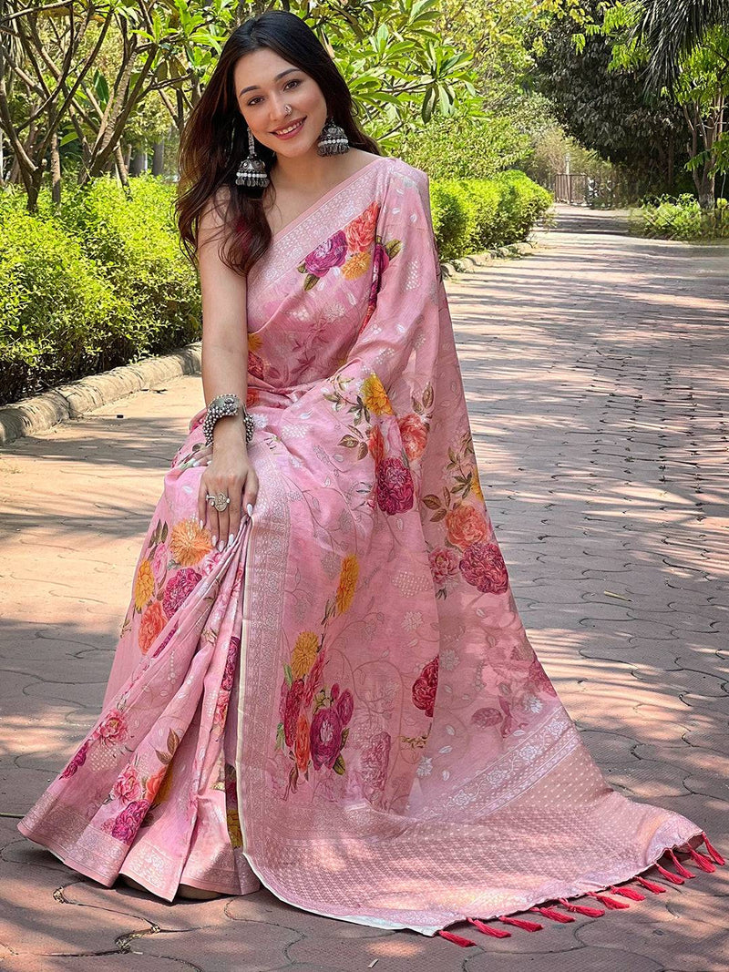 Light Pink Lakhnavi Bandla Zari Weaving Saree