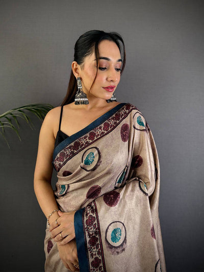 Tan Soft Dola Silk Printed Saree