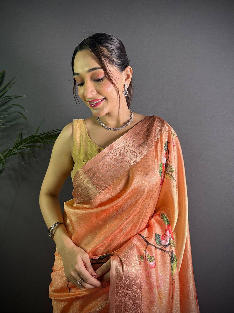 Peach Soft Organza Silk Floral Saree