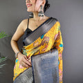 Yellow Satin Pichwai Print Saree