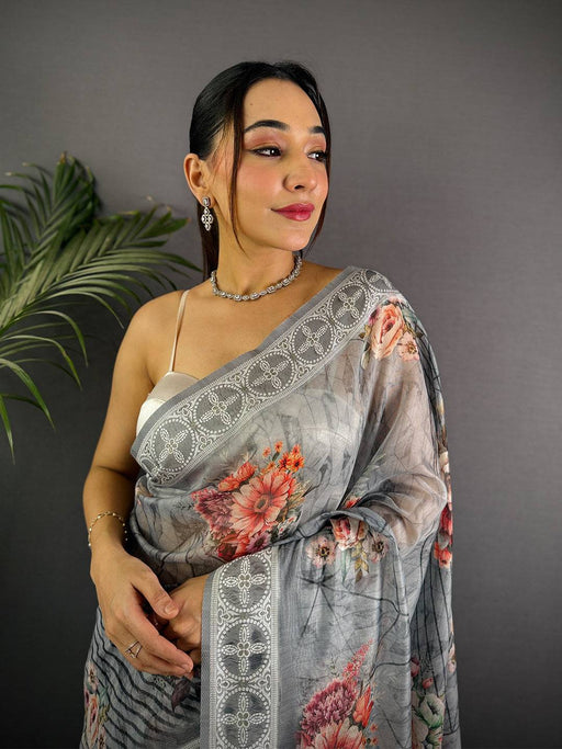 Grey Lakhnavi Linen Digital Print Saree