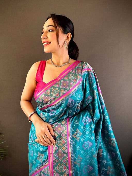 Sky Blue Pochampally Patola Soft Silk Saree