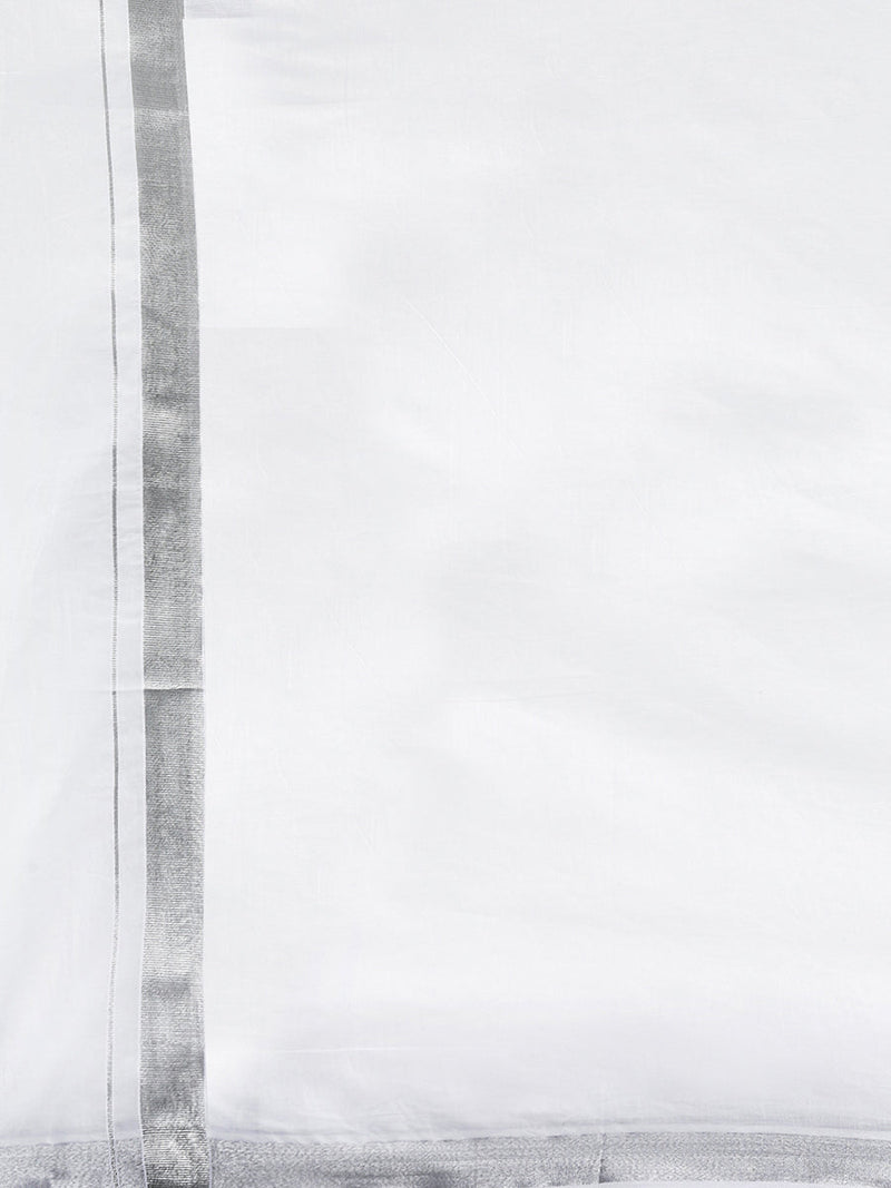 Men Cotton Blend Double Layer White Dhoti with 3/4" Jari Border Silver Heart