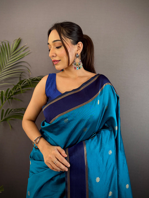 Teal Blue Silk Blend Floral Saree