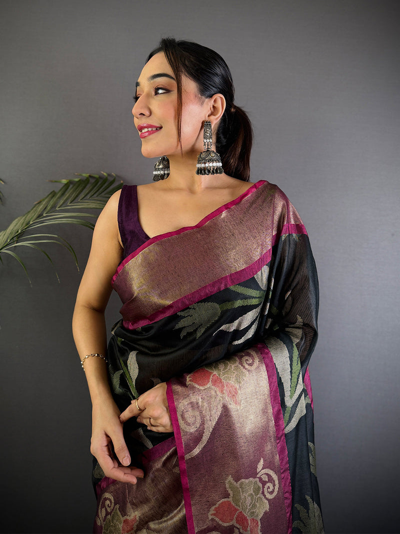 Black Soft Chanderi Pochampally Ikkat Saree